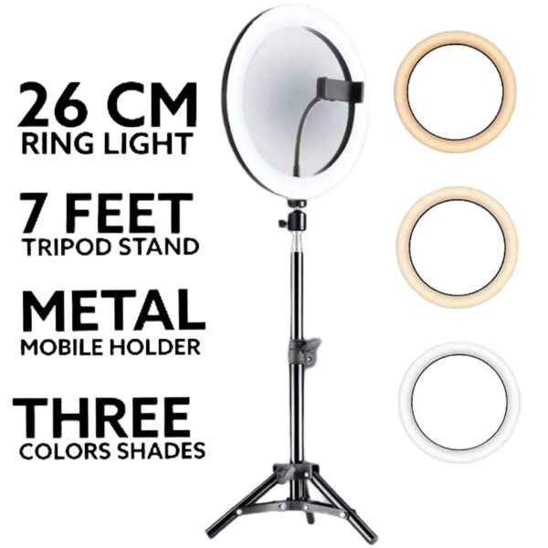 26cm Ring Light with 7 Feet Adjustable Tripods Stand & Mobile Holder - Image 2